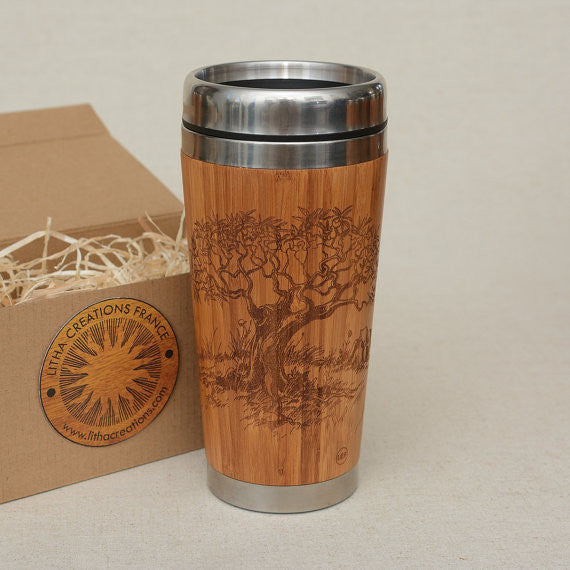 OLIVE TREE Wood Travel Mug Custom Engraved Tumbler Olivier