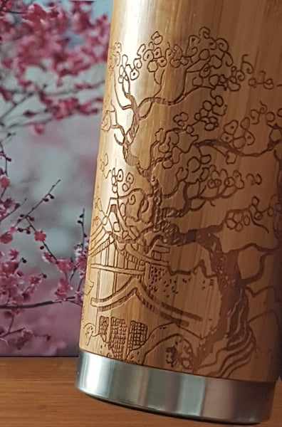 JAPAN Gift Bamboo Wood Thermos With Sakura Engraving 